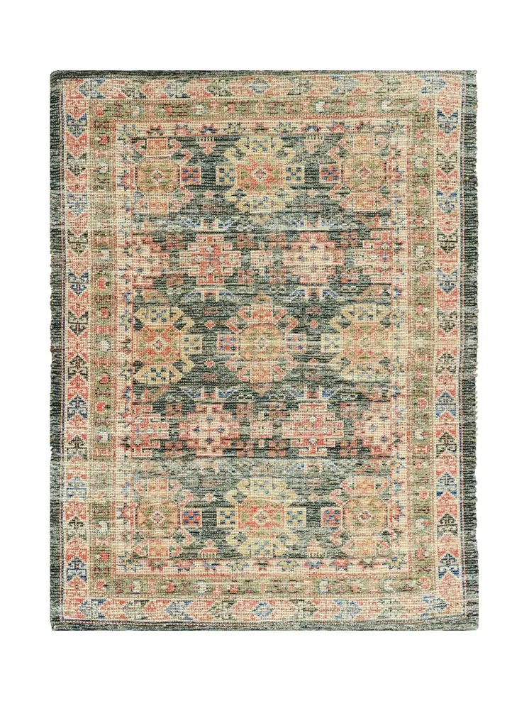 7' X 9' Brick Red Green And Brown Jute Southwestern Handmade Area Rug