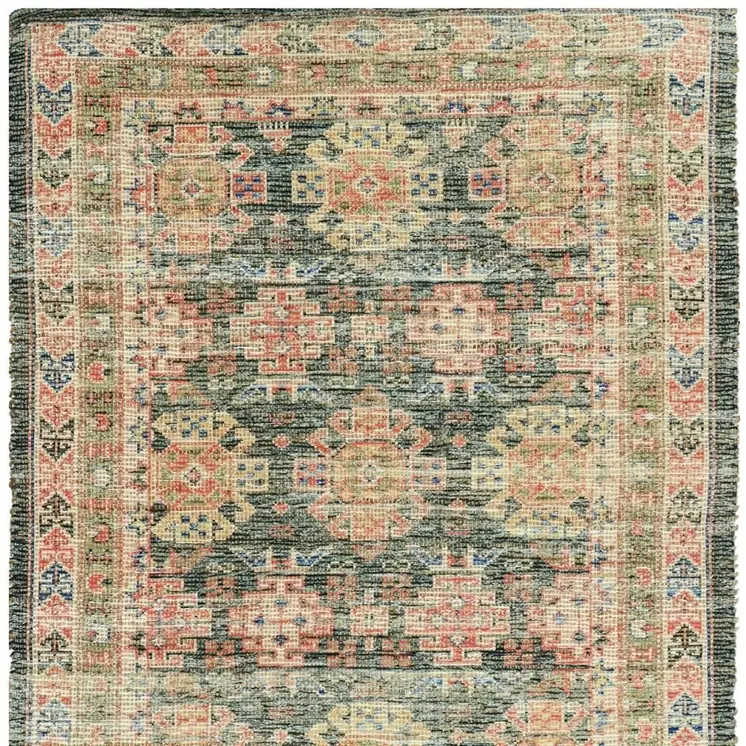 7' X 9' Brick Red Green And Brown Jute Southwestern Handmade Area Rug