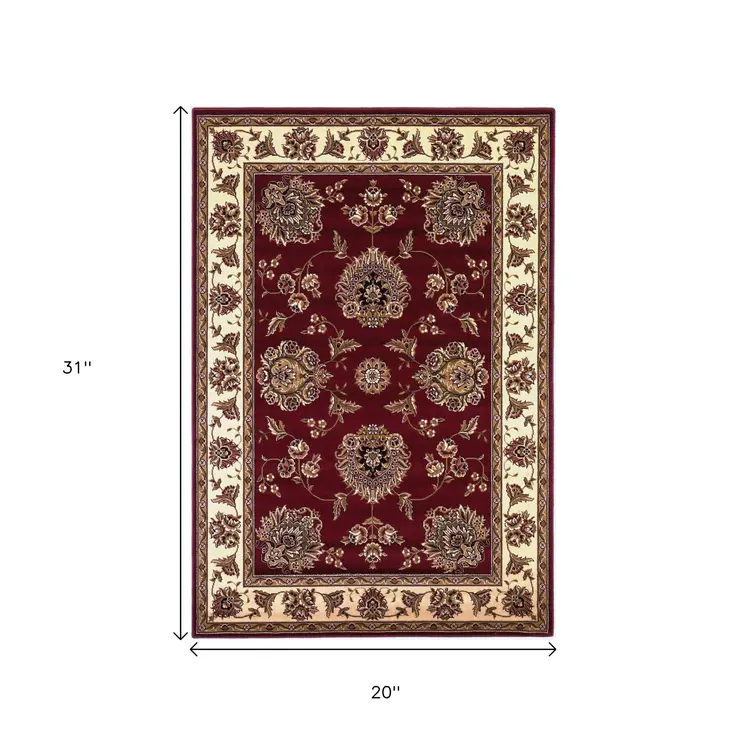 2' X 3' Red Ivory Machine Woven Floral Traditional Indoor Accent Rug