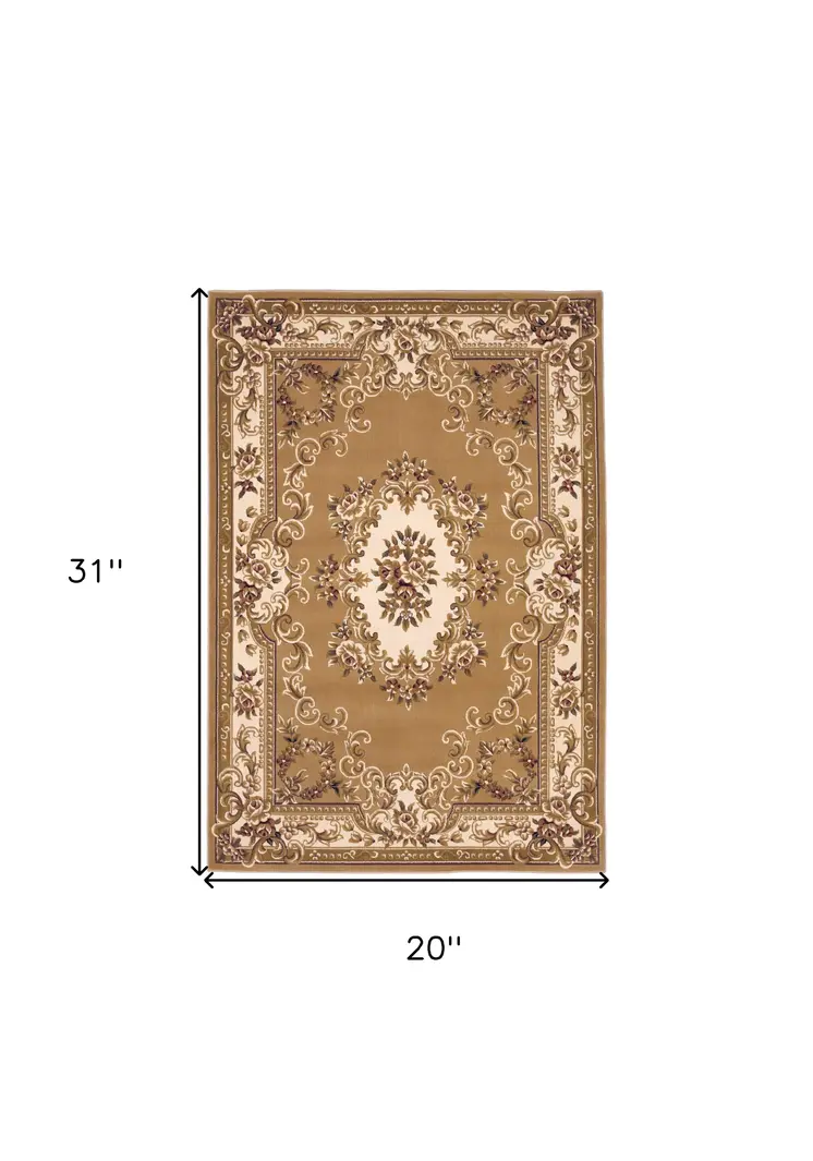 2' X 3' Beige And Ivory Floral Medallion Area Rug