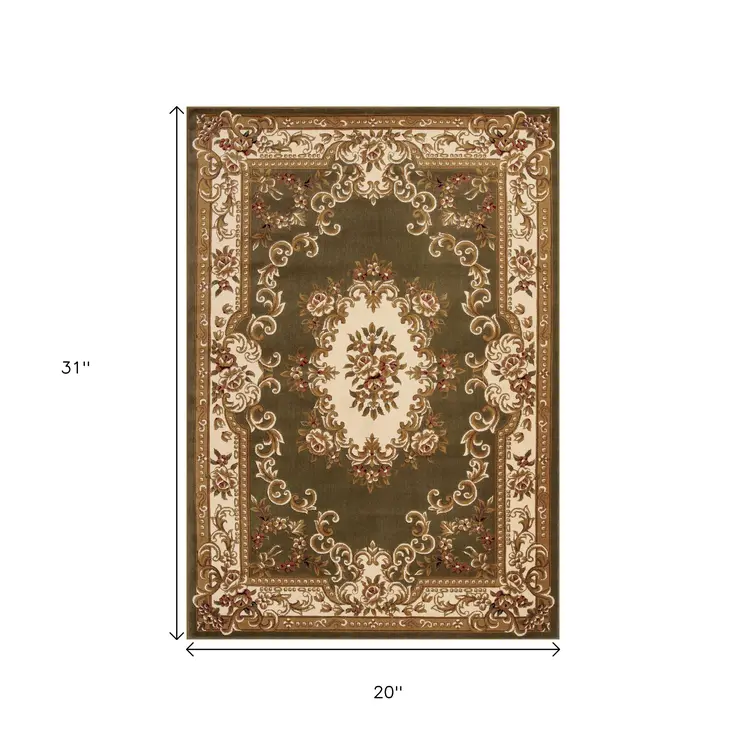 2' X 3' Green And Ivory Floral Medallion Area Rug