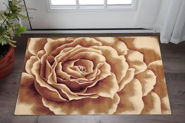2' X 3' Ivory Machine Woven Hand Carved Oversized Floral Indoor Accent Rug