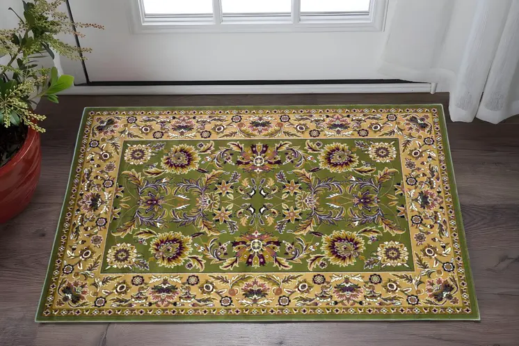 2' X 3' Green And Taupe Floral Area Rug