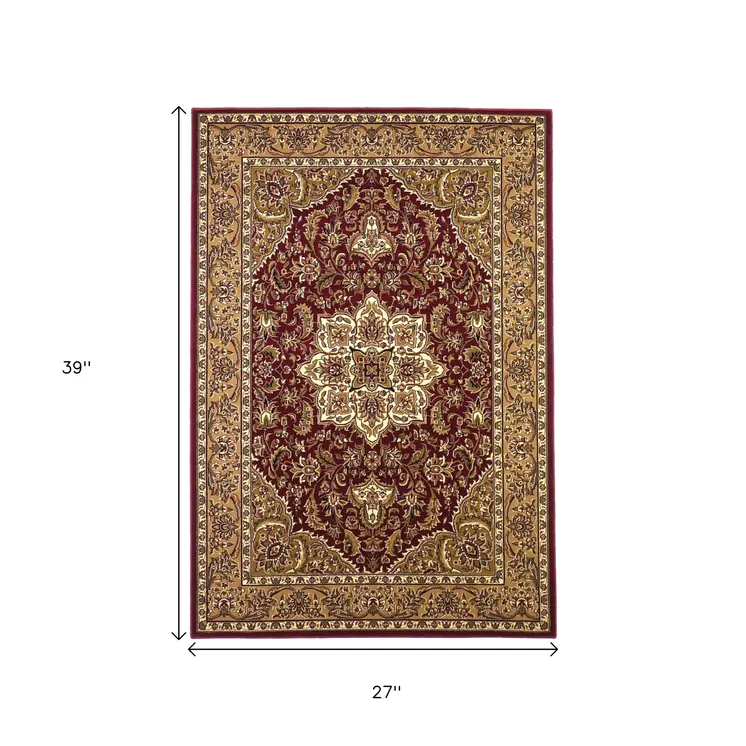 2' X 3' Red And Beige Floral Medallion Area Rug