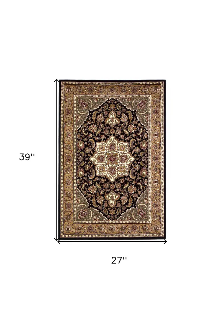 2' X 3' Black And Beige Floral Medallion Area Rug