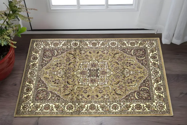 2' X 3' Beige And Ivory Floral Medallion Area Rug