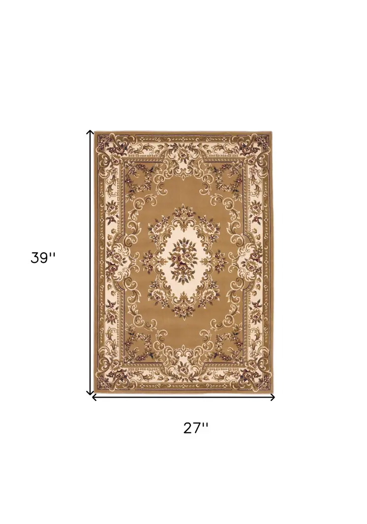 2' X 3' Beige And Ivory Floral Medallion Area Rug