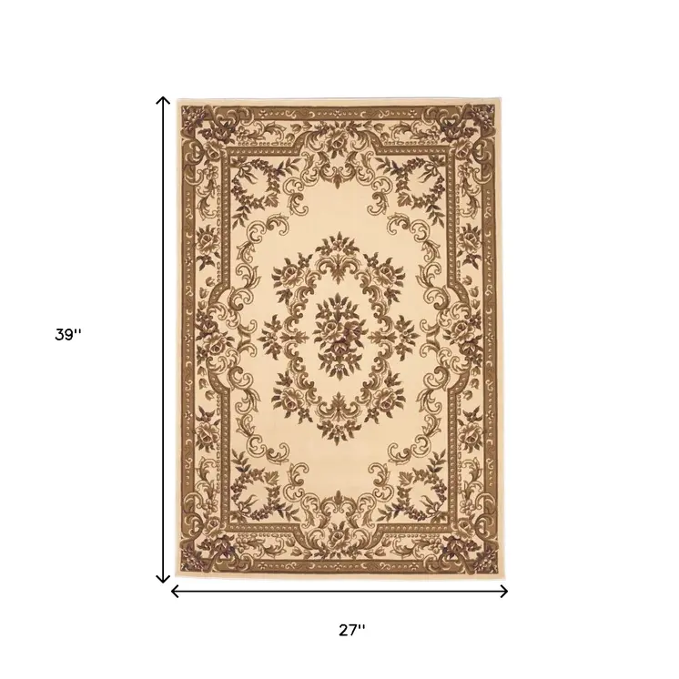 2' X 3' Ivory And Beige Floral Medallion Area Rug
