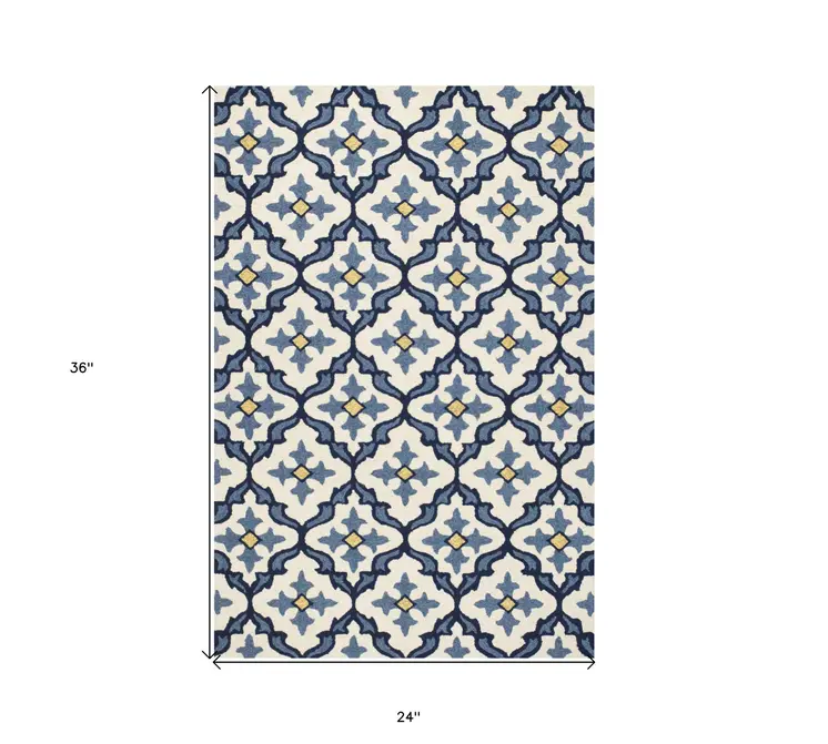 2' X 3' Ivory and Blue Moroccan Handmade Indoor Outdoor Area Rug