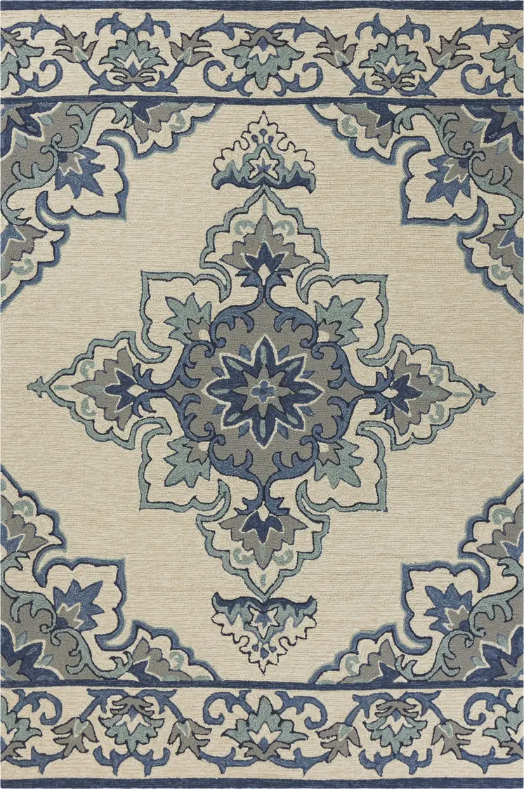 2' X 3' Ivory and Blue Damask Handmade Indoor Outdoor Area Rug