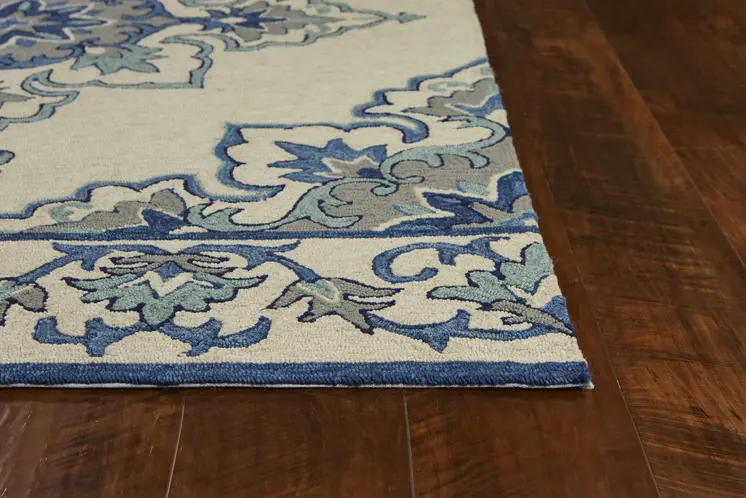 2' X 3' Ivory and Blue Damask Handmade Indoor Outdoor Area Rug
