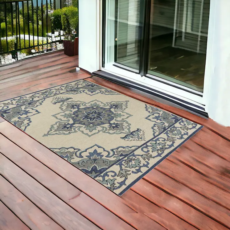2' X 3' Ivory and Blue Damask Handmade Indoor Outdoor Area Rug