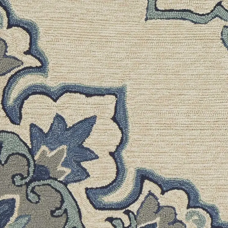 2' X 3' Ivory and Blue Damask Handmade Indoor Outdoor Area Rug