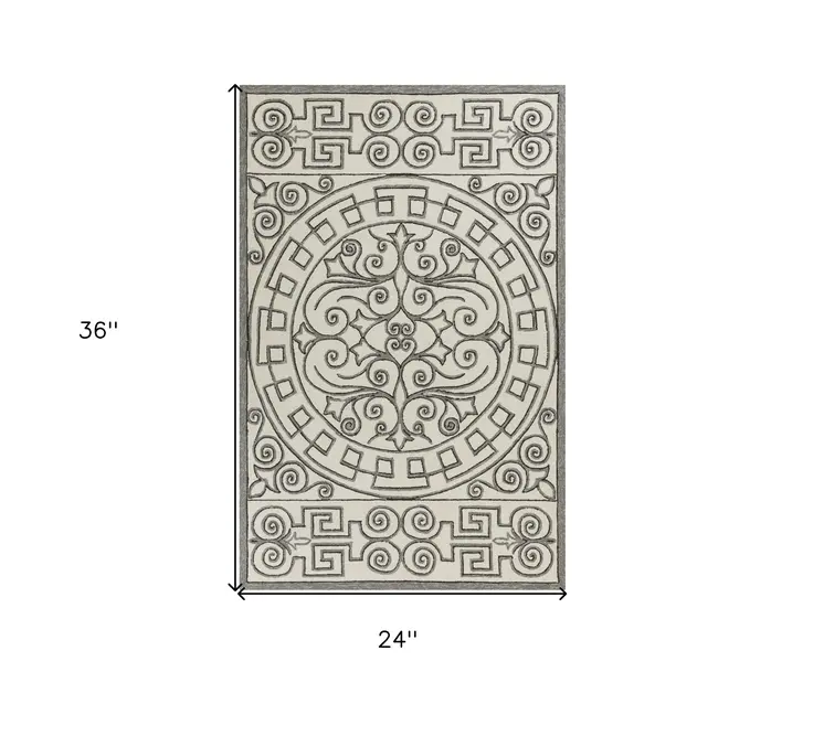 2' X 3' Gray And Ivory Damask Indoor Outdoor Area Rug