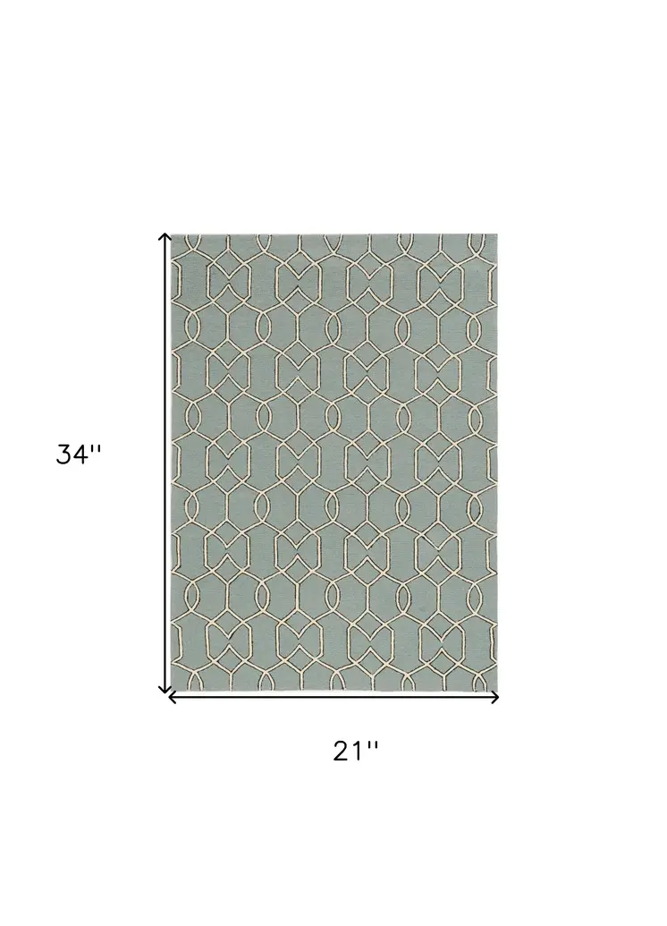 2' X 3' Green and Ivory Hand Hooked Area Rug