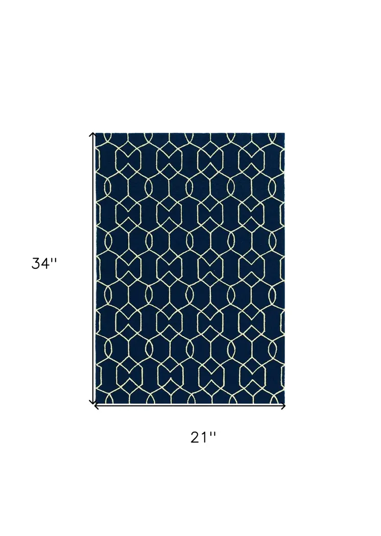 2' X 3' Navy Blue Geometric Hand Hooked Area Rug