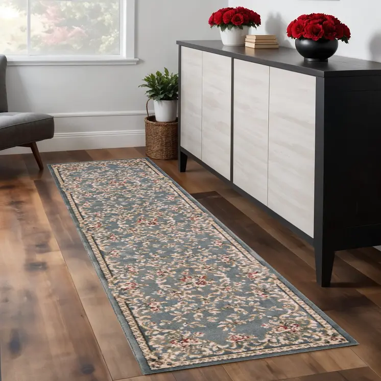 8' Slate Blue And Red Floral Runner Rug