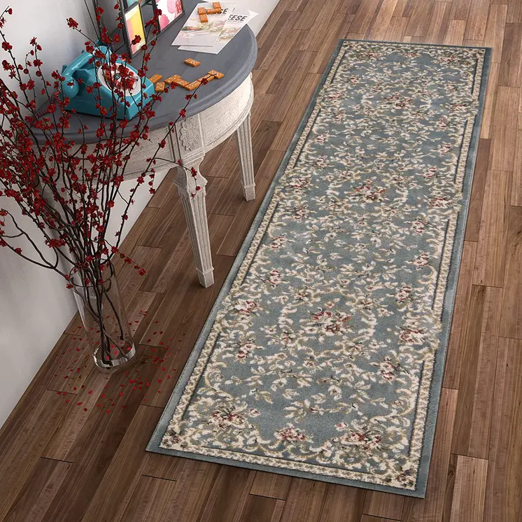 8' Slate Blue And Red Floral Runner Rug