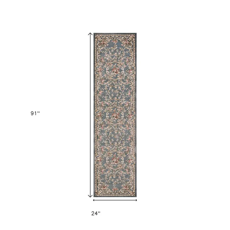 8' Slate Blue And Red Floral Runner Rug
