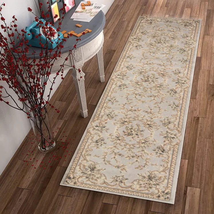 8' Light Gray And Tan Floral Runner Rug