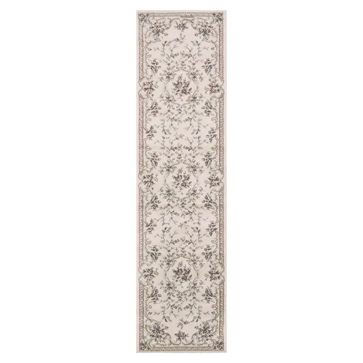 8' Ivory And Green Floral Runner Rug
