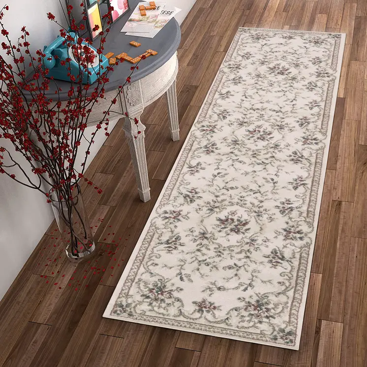 8' Ivory And Green Floral Runner Rug