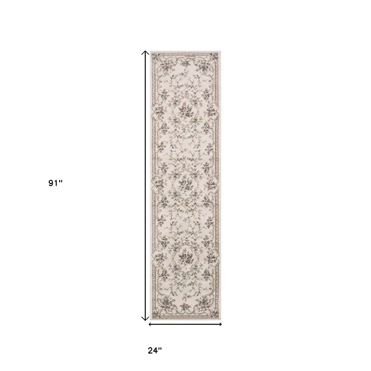 8' Ivory And Green Floral Runner Rug