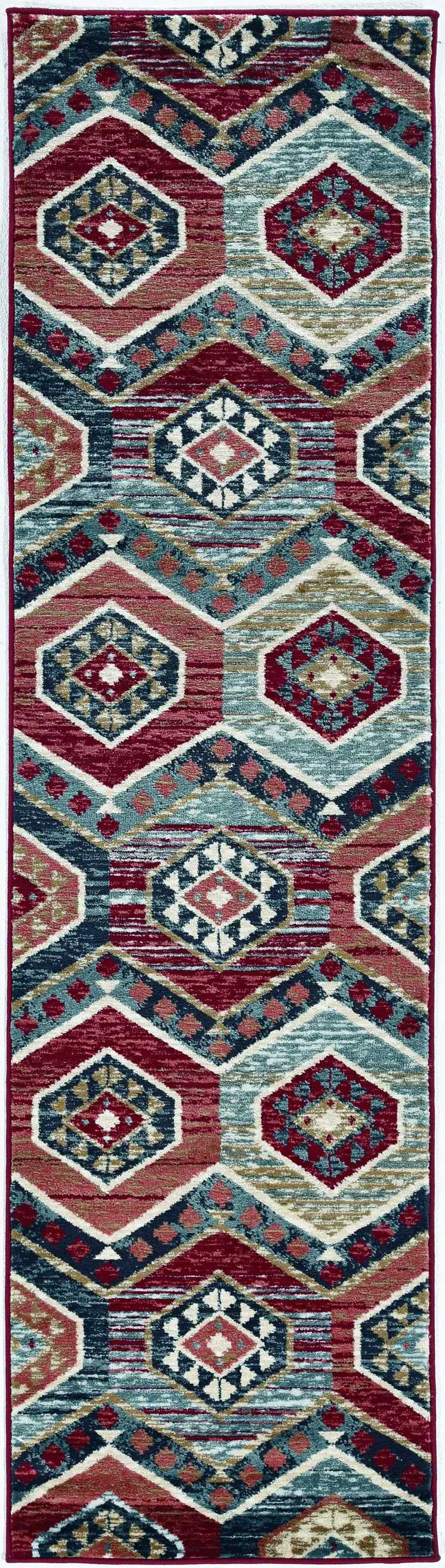 7' Red And Blue Geometric Runner Rug
