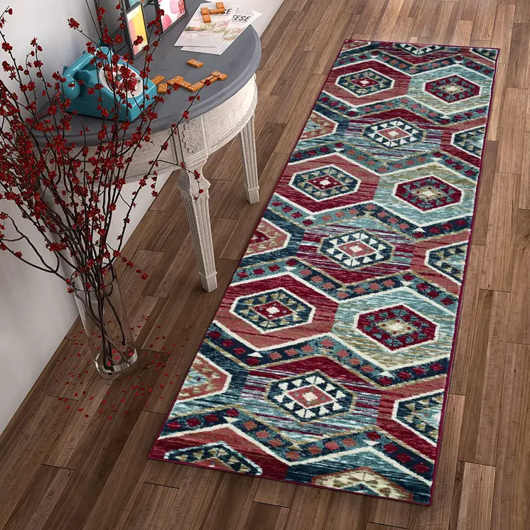 7' Red And Blue Geometric Runner Rug