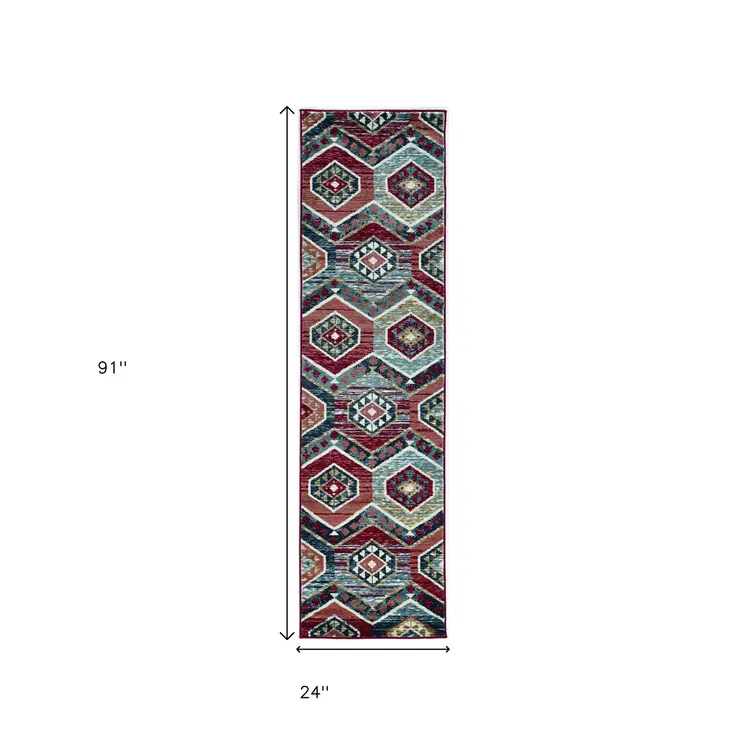 7' Red And Blue Geometric Runner Rug