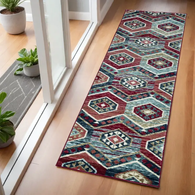 7' Red And Blue Geometric Runner Rug