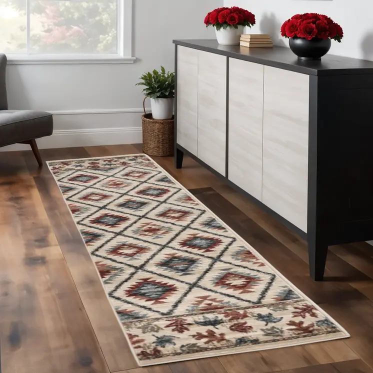 8' Ivory Geometric Runner Rug