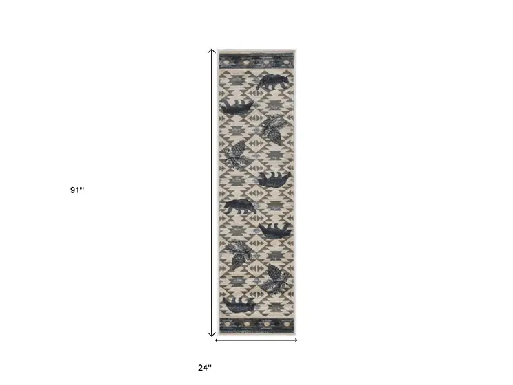 7' Ivory And Blue Abstract Runner Rug