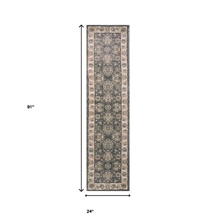 8' Gray And Ivory Floral Runner Rug