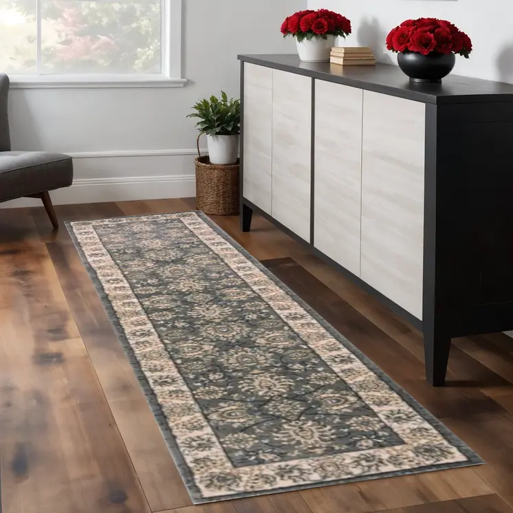 8' Gray And Ivory Floral Runner Rug