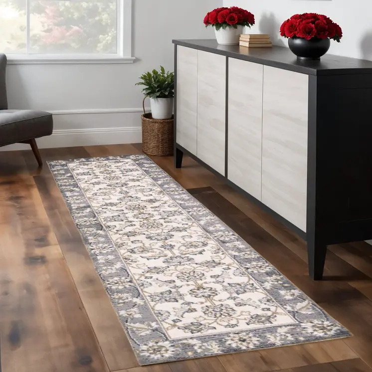 8' Gray And Ivory Runner Rug