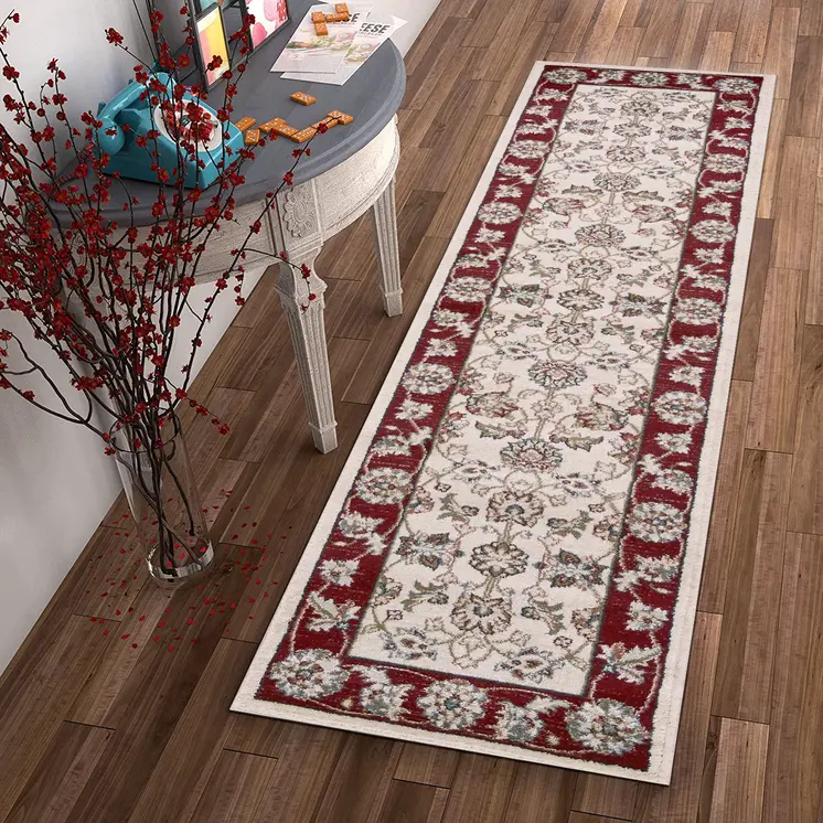 8' Ivory And Red Floral Runner Rug