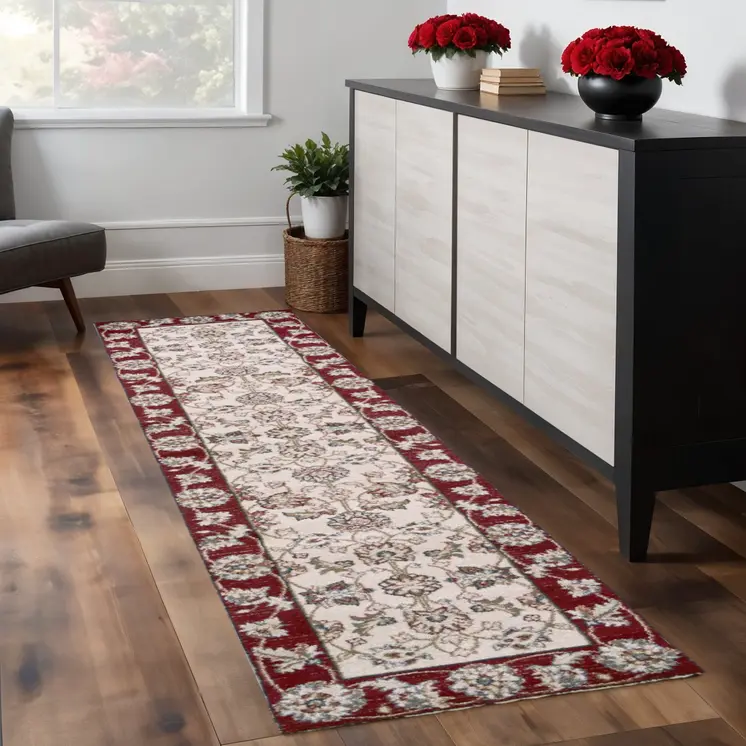 8' Ivory And Red Floral Runner Rug