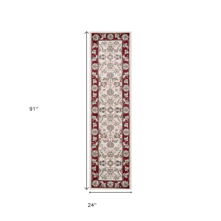 8' Ivory And Red Floral Runner Rug