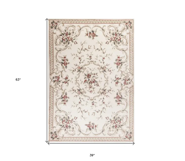 3' X 5' Ivory And Red Floral Area Rug