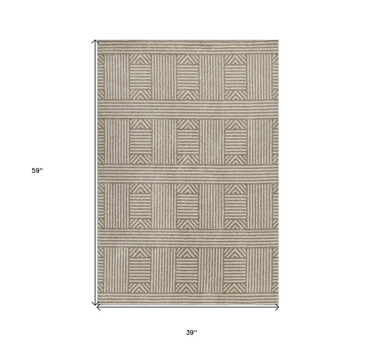 3' X 5' Beige And Ivory Geometric Indoor Outdoor Area Rug