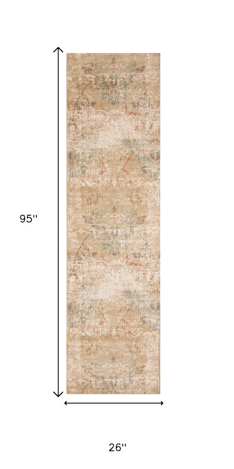 7' Beige Damask Runner Rug