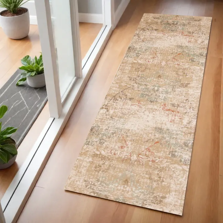 7' Beige Damask Runner Rug