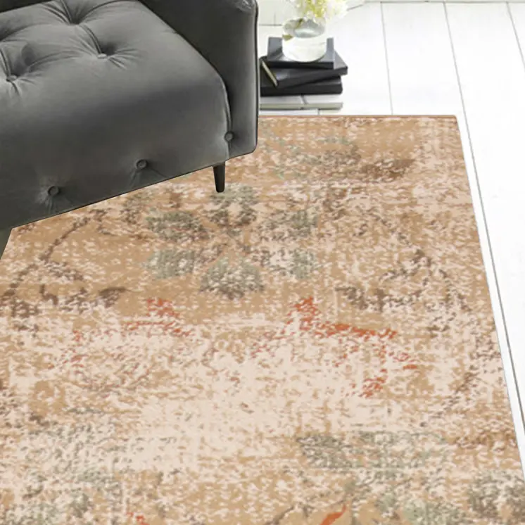 7' Beige Damask Runner Rug