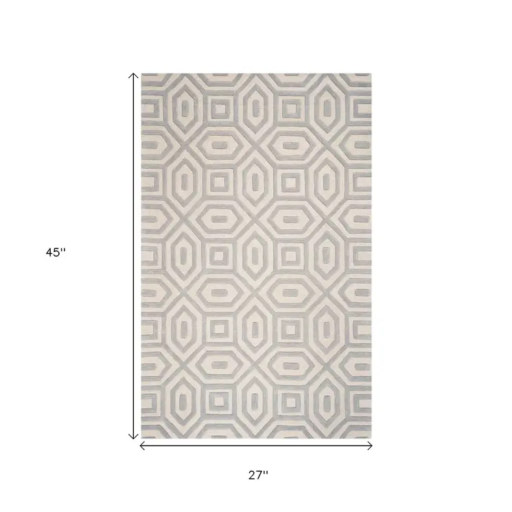 2' X 4' Gray And Ivory Wool Geometric Hand Tufted Area Rug