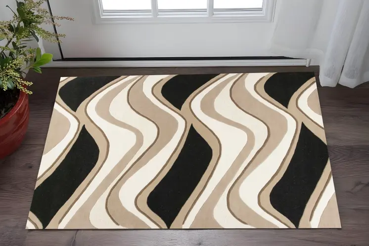 2' X 4' Black And Beige Wool Abstract Hand Tufted Area Rug