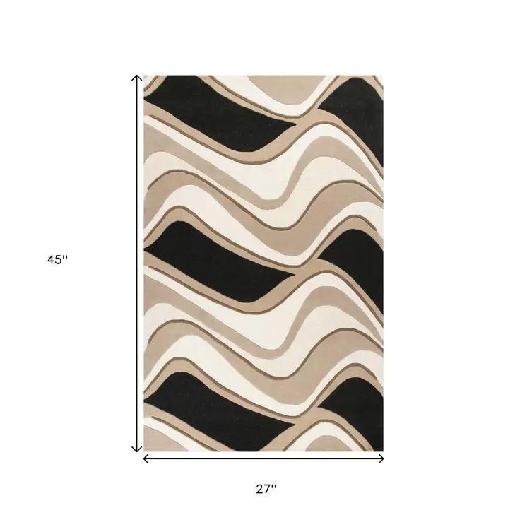 2' X 4' Black And Beige Wool Abstract Hand Tufted Area Rug