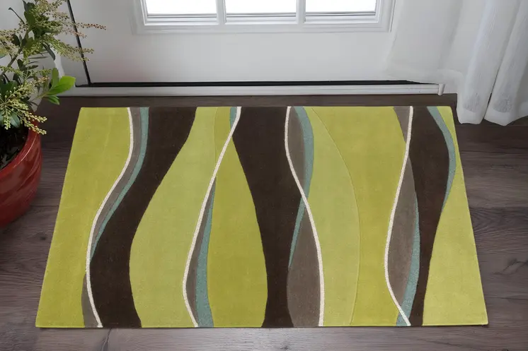 2' X 4' Lime Green And Brown Wool Abstract Hand Tufted Area Rug