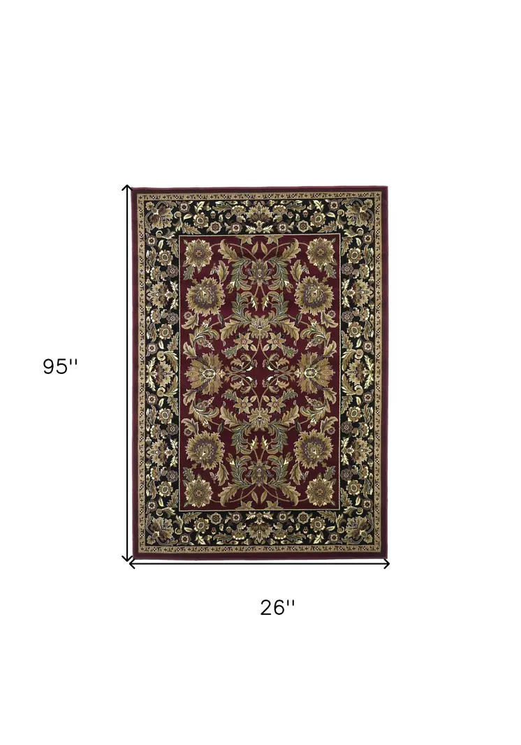 8' Red And Black Floral Runner Rug
