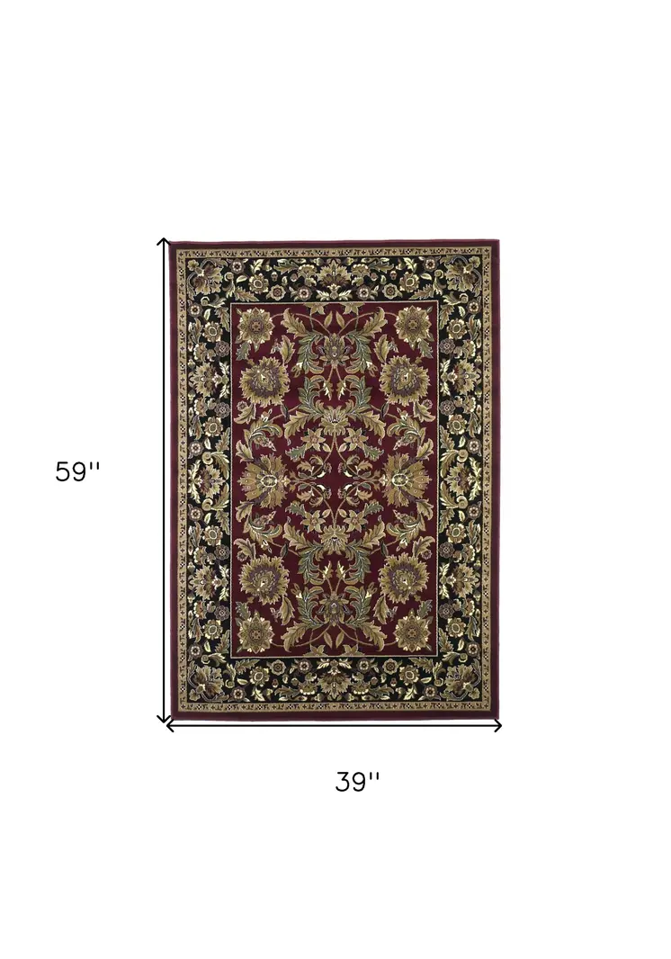 3' X 5' Red And Black Floral Area Rug